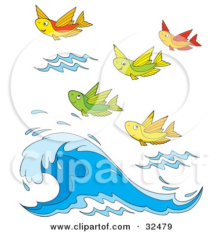 Clipart Illustration of a Group Of Colorful Flying Fish Above A Wave by Alex Bannykh