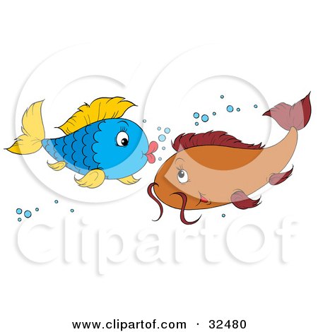 Clipart Illustration of a Pretty Blue And Yellow Fish Flirting With A Brown Fish With A Mustache by Alex Bannykh