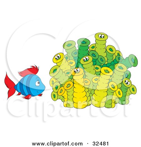 Clipart Illustration of a Blue And Red Fish Talking To Green Tube Worms by Alex Bannykh