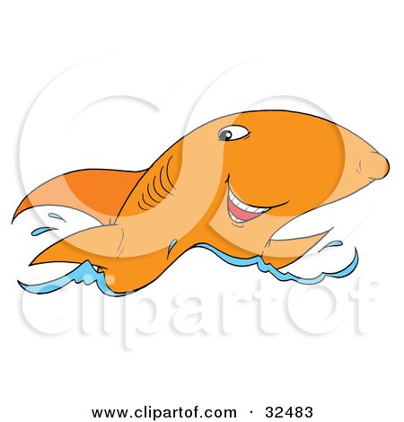 Clipart Illustration of a Grinning Orange Shark Swimming On The Surface Of Water by Alex Bannykh