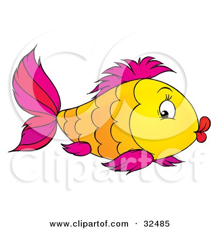 Clipart Illustration of a Scalloped Patterned Orange And Yellow Fish With Purple Fins And Puckered Lips by Alex Bannykh