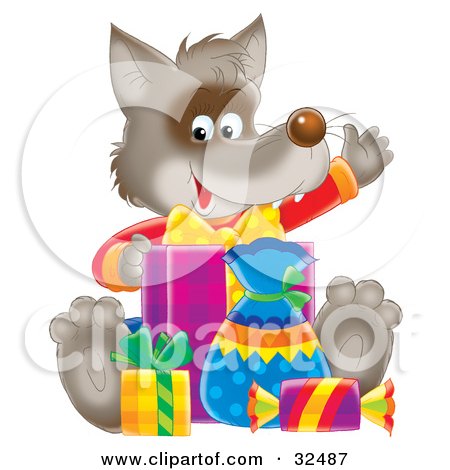 Clipart Illustration of a Happy Wolf Waving And Sitting With Birthday Gifts by Alex Bannykh
