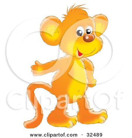 Clipart Illustration of a Friendly Orange Monkey Smiling At The Viewer And Gesturing With One Hand by Alex Bannykh