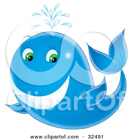 Clipart Illustration of a Happy Blue Whale With Green Eyes, Spraying Water Through Its Spout by Alex Bannykh