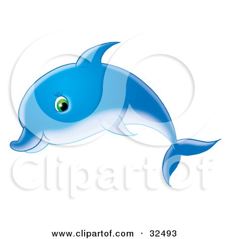 Clipart Illustration of a Blue Dolphin With Green Eyes, Swimming Past In Profile by Alex Bannykh