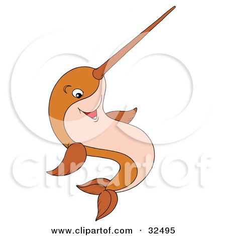 Clipart Illustration of a Friendly Brown Narwhal Fish With A Horn On Its Nose by Alex Bannykh