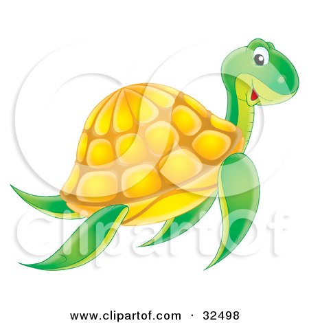 Clipart Illustration of a Happy Swimming Green Sea Turtle With A Yellow Shell by Alex Bannykh