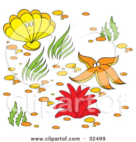 Clipart Illustration of a Yellow Clam, Orange Starfish And Red Anemone On A Sea Floor by Alex Bannykh