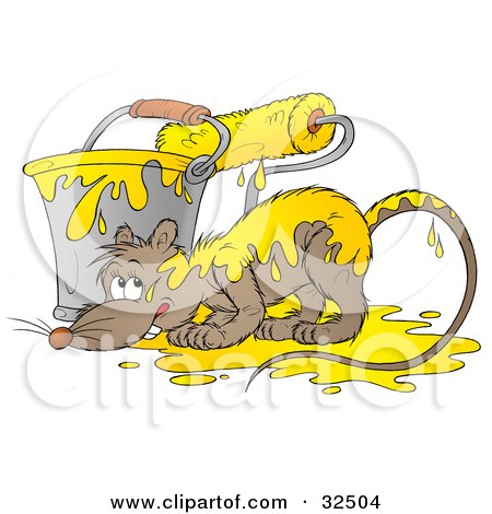 Clipart Illustration of a Nervous Rat By A Bucket And Paintbrush With Yellow Paint On His Back by Alex Bannykh