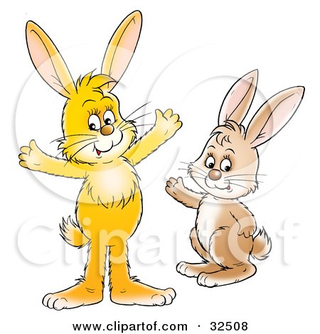 Clipart Illustration of Two Friendly Yellow And Beige Bunny Waving by Alex Bannykh