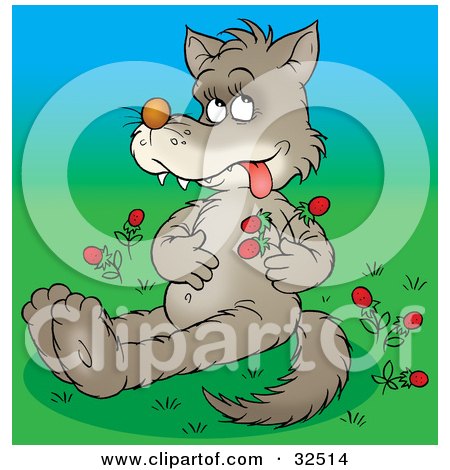 Clipart Illustration of a Sick Wolf Rubbing His Tummy After Eating Too Many Wild Strawberries by Alex Bannykh