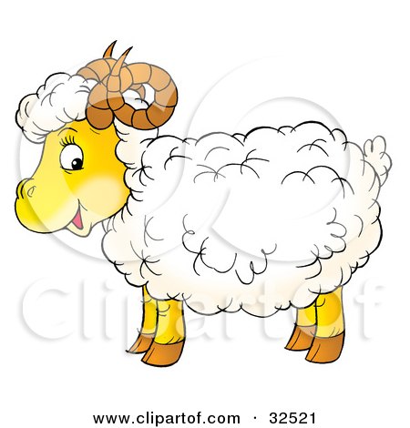 Clipart Illustration of a Happy Fluffy Sheep With Curly Horns, Standing In Profile, Glancing At The Viewer by Alex Bannykh