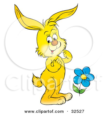 Clipart Illustration of a Cute Yellow Rabbit Admiring A Blue Spring Flower by Alex Bannykh