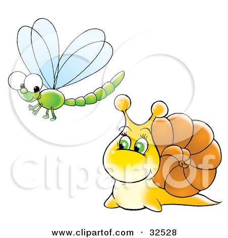 Clipart Illustration of a Friendly Yellow Snail Talking To A Green Dragonfly by Alex Bannykh