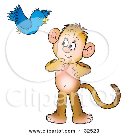 Clipart Illustration of a Bluebird Flying Over And Socializing With A Curious Monkey by Alex Bannykh