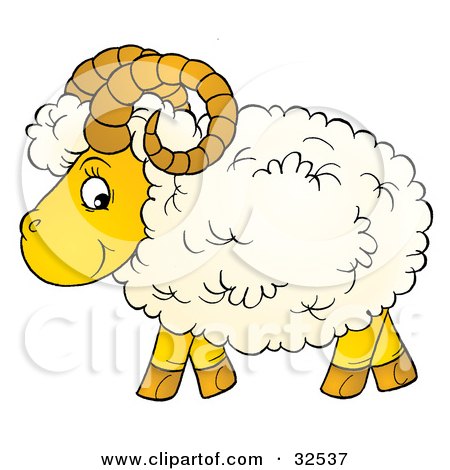 Clipart Illustration of a Curly Horned Sheep With Fluffy Wool, In Profile, Glancing At The Viewer by Alex Bannykh