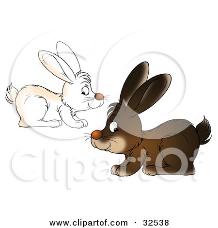 Clipart Illustration of Two White And Brown Bunnies Hopping By In Opposite Directions  by Alex Bannykh