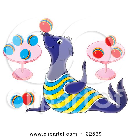 Clipart Illustration of a Talented Blue Sea Lion Entertaining A Crowd While Balancing A Ball On His Nose by Alex Bannykh