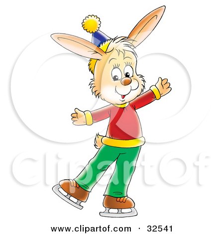 Clipart Illustration of a Happy Beige Rabbit In Clothes, Ice Skating by Alex Bannykh