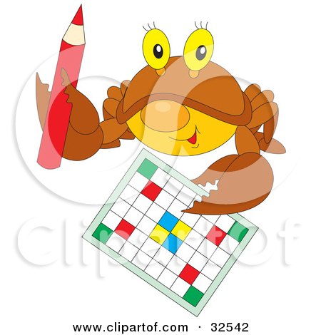 Clipart Illustration of a Brown Crab Holding Up A Pencil And A Word Puzzle by Alex Bannykh