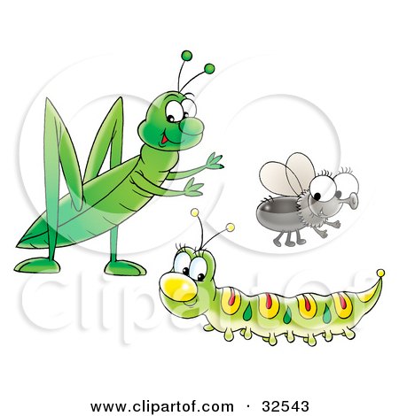 Clipart Illustration of a Cute Green Caterpillar, Grasshopper And Fly Socializing by Alex Bannykh