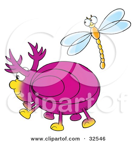 Clipart Illustration of a Friendly Dragonfly Socializing With A Pink Beetle by Alex Bannykh