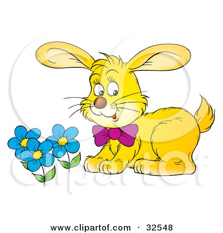 Clipart Illustration of a Yellow Rabbit Wearing A Purple Bow, Smelling Blue Spring Flowers by Alex Bannykh