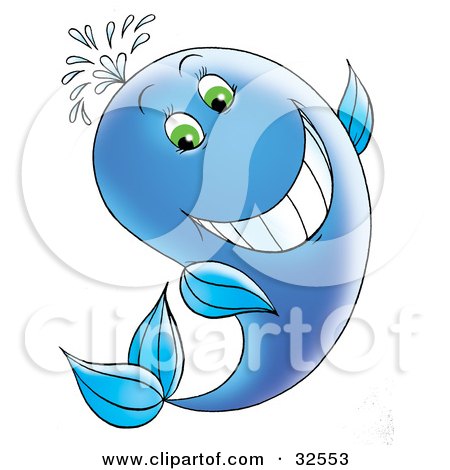 Clipart Illustration of a Grinning, Green Eyed, Blue Whale Spraying Water Out Through Its Spout by Alex Bannykh