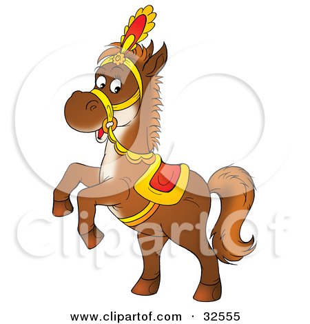 Clipart Illustration of a Saddled Brown Horse Rearing Up On Its Hind Legs by Alex Bannykh