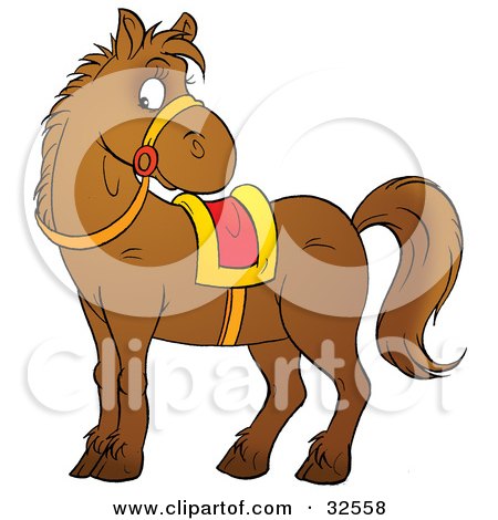 Clipart Illustration of a Brown Pony Wearing Reins And A Yellow And Red Saddle by Alex Bannykh