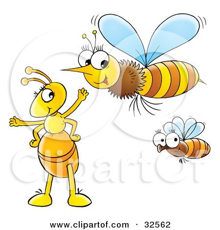 Clipart Illustration of a Yellow Ant Socializing With Flying Bees by Alex Bannykh