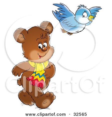 Clipart Illustration of a Cute Brown Bear Wearing A Scarf And Walking While His Bird Friend Flies Above by Alex Bannykh