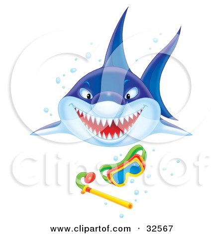 Clipart Illustration of an Aggressive Shark Showing Its Teeth While Swimming Forward Towards Snorkel Gear by Alex Bannykh