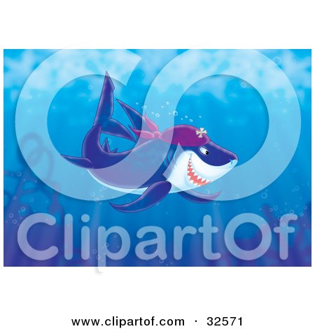 Clipart Illustration of a Blue Shark Wearing A Purple Pirate Hat, Swimming With Bubbles In The Deep Blue Sea by Alex Bannykh