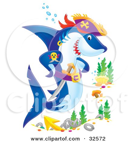 Clipart Illustration of a Tough Pirate Shark With A Sword, At A Ship Wreck Site by Alex Bannykh