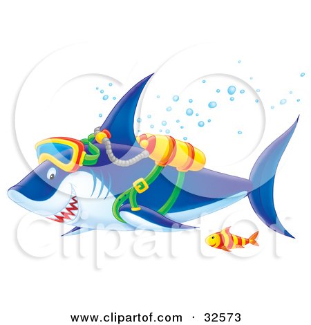Clipart Illustration of a Blue And White Shark Swimming With A Fish While Scuba Diving by Alex Bannykh