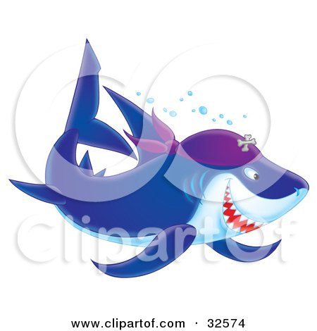Clipart Illustration of a Blue And White Pirate Shark Swimming With Bubbles by Alex Bannykh