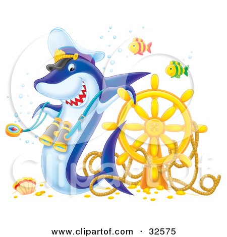 Clipart Illustration of Two Fish Swimming By A Shark Wearing A Captains Hat And Binoculars, Leaning On A Sunken Ship's Helm by Alex Bannykh