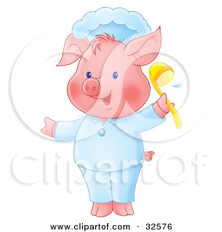 Clipart Illustration of a Pink Pig In Chef's Clothing, Holding Up A Ladle by Alex Bannykh