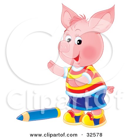 Clipart Illustration of a Cute Pink Piglet Boy In Clothes, Standing By A Blue Colored Pencil by Alex Bannykh