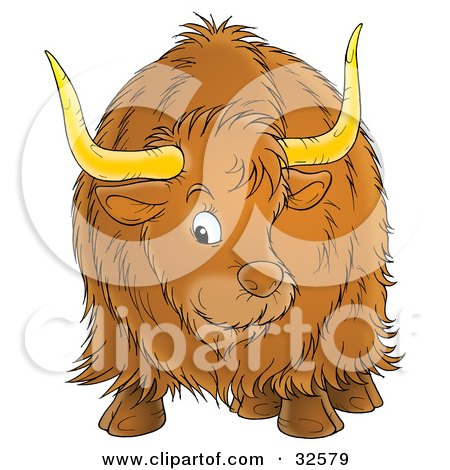 Clipart Illustration of a Brown Ox With Big Horns And Long Hair, Facing Front by Alex Bannykh