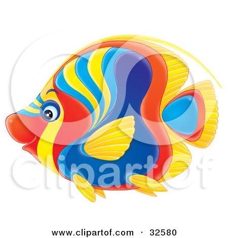 Clipart Illustration of a Vibrantly Colored Red, Blue, Yellow And Orange Angelfish In Profile by Alex Bannykh