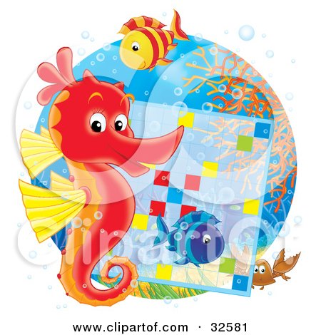 Clipart Illustration of a Red And Yellow Seahorse With Two Fish And A Crab On A Reef, Working On A Word Puzzle by Alex Bannykh