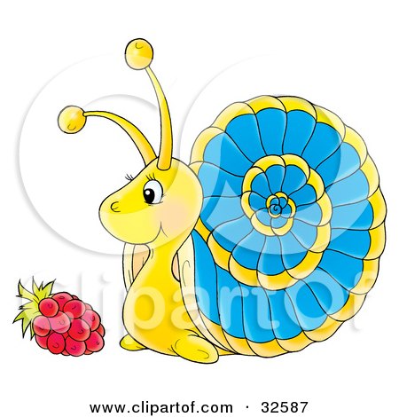 Clipart Illustration of a Friendly Yellow Snail With A Spiral Pattern On Its Blue Shell, Looking At A Raspberry by Alex Bannykh