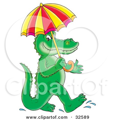 Clipart Illustration of a Happy Alligator Walking On His Hind Legs, Carrying An Umbrella On A Rainy Day by Alex Bannykh