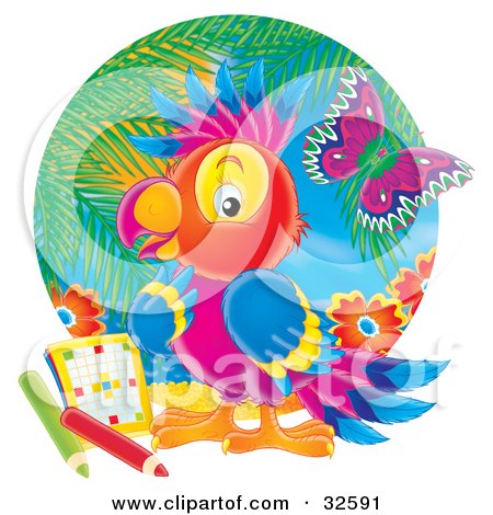 Clipart Illustration of a Colorful Parrot Pondering Over A Word Puzzle On A Tropical Beach With Palms, Flowers And A Butterfly by Alex Bannykh