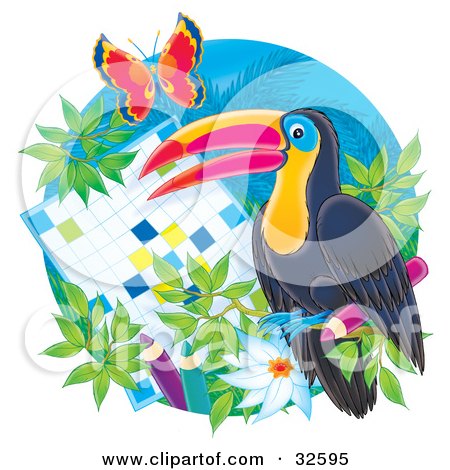 Clipart Illustration of a Perched Toucan By A Word Puzzle, With Flowers And A Butterfly by Alex Bannykh