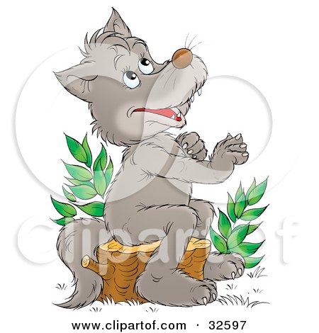 Clipart Illustration of a Happy Gray Wolf Sitting On A Tree Stump And Looking Upwards, As If Praying by Alex Bannykh