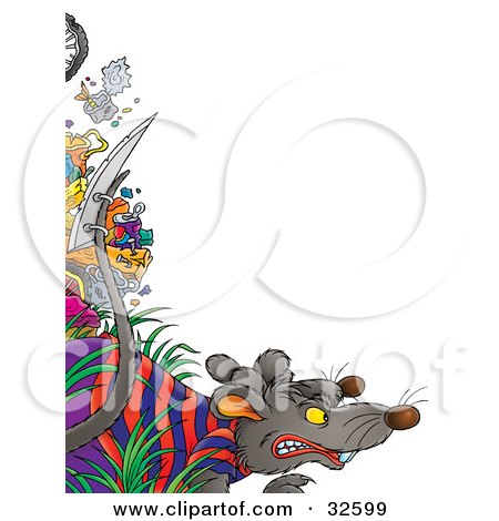 Clipart Illustration of a Tough Rat In Clothes, A Razor Blade Attached To His Tail by Alex Bannykh