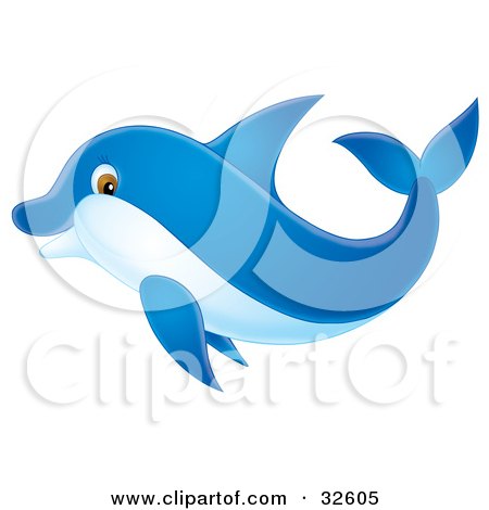 Clipart Illustration of a Blue Dolphin With Brown Eyes, Swimming By by Alex Bannykh